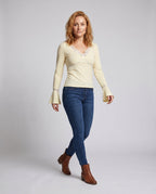 Women's Long Sleeve Shirt with Romantic Lace Accents, Elegant V-Neck. - Front View