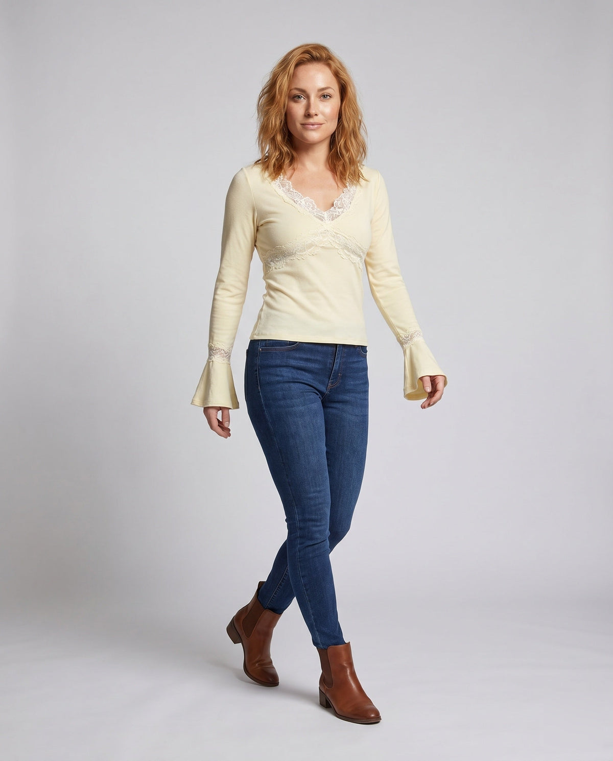 Women's Long Sleeve Shirt with Romantic Lace Accents, Elegant V-Neck. - Front View
