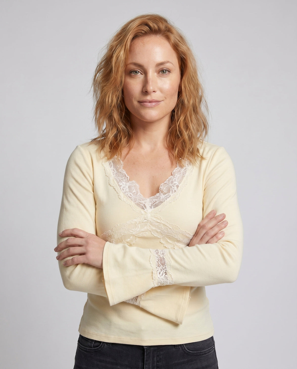Women's Long Sleeve Shirt with Romantic Lace Accents, Elegant V-Neck. - Upper Body View
