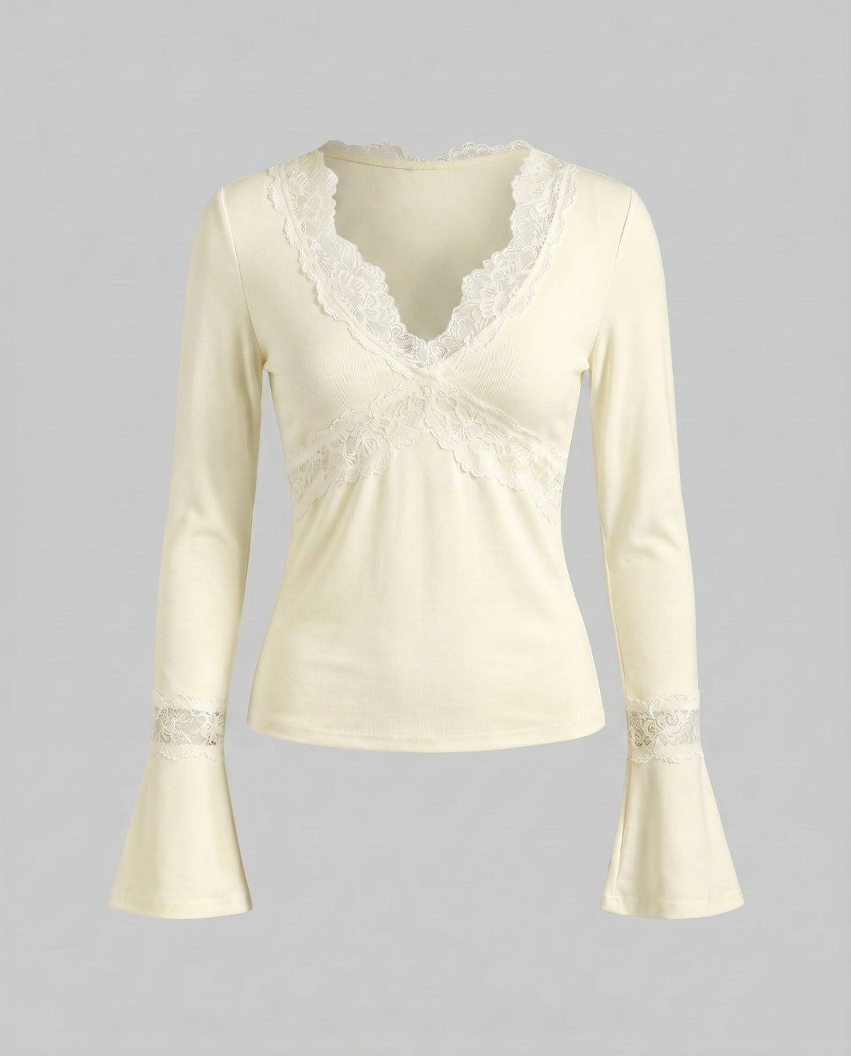 Women's Long Sleeve Shirt with Romantic Lace Accents, Elegant V-Neck.