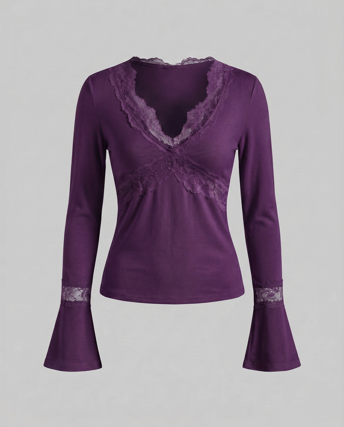 Women's Long Sleeve Shirt with Romantic Lace Accents, Elegant V-Neck.