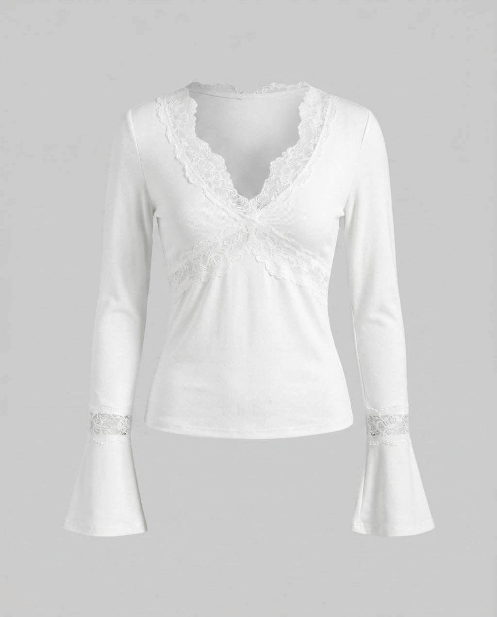 Women's Long Sleeve Shirt with Romantic Lace Accents, Elegant V-Neck.