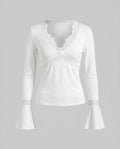 Women's Long Sleeve Shirt with Romantic Lace Accents, Elegant V-Neck.