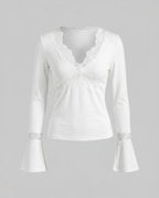 Women's Long Sleeve Shirt with Romantic Lace Accents, Elegant V-Neck.