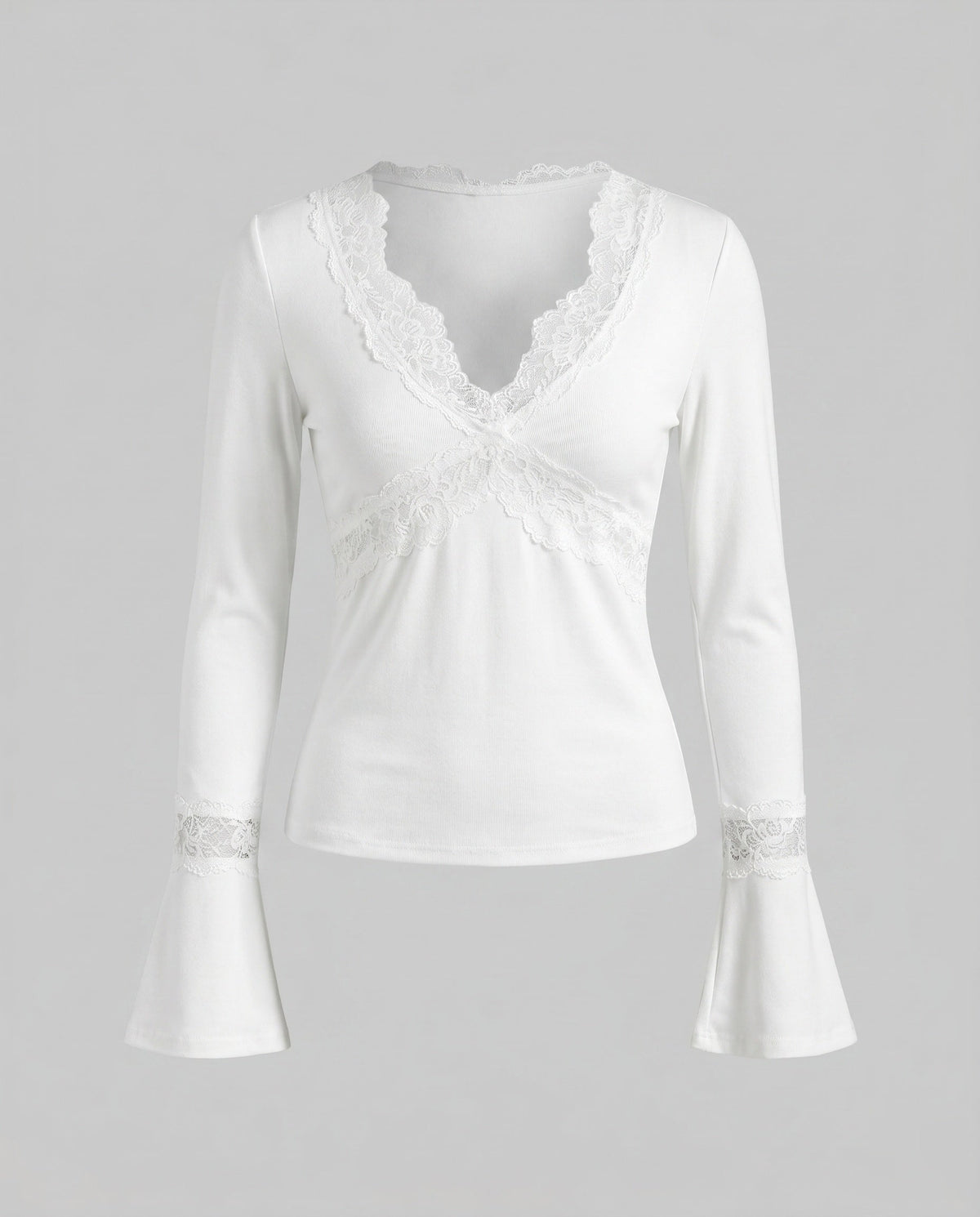 Women's Long Sleeve Shirt with Romantic Lace Accents, Elegant V-Neck.
