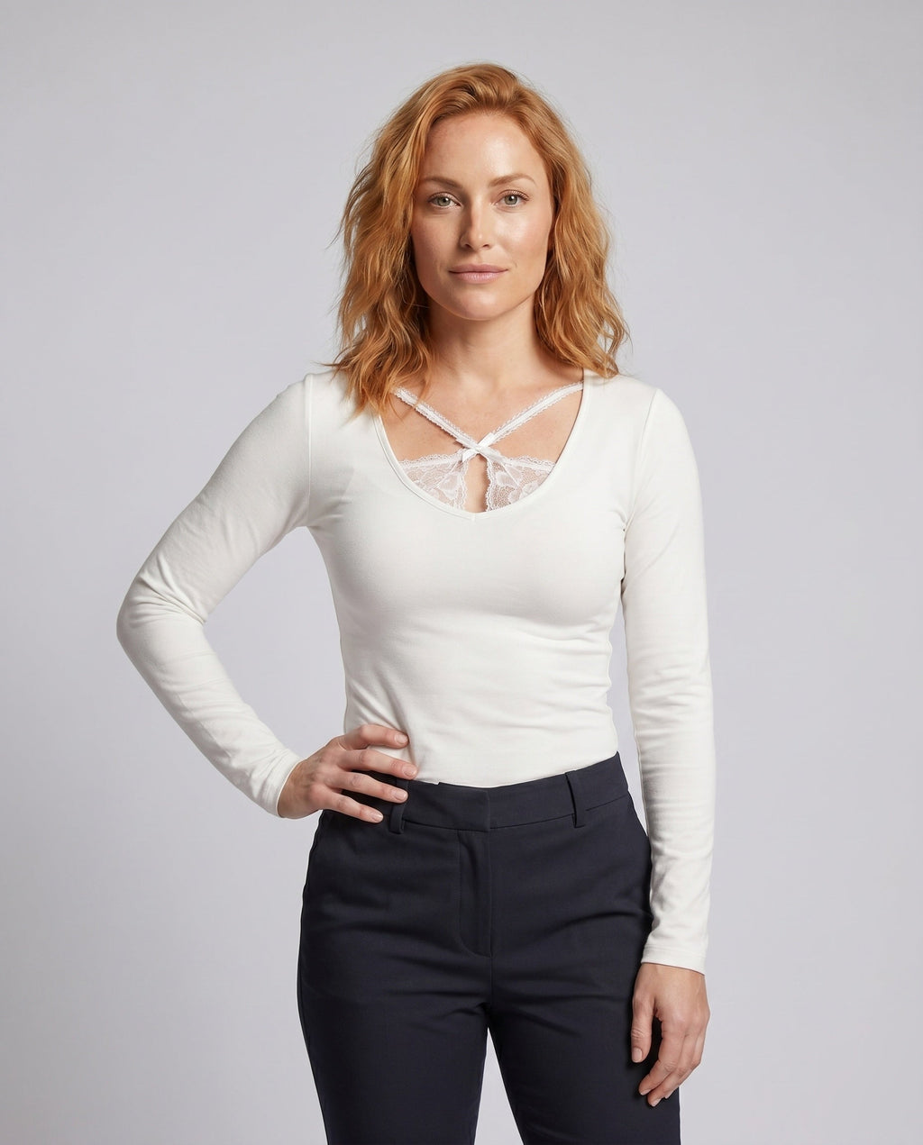 Women's Long Sleeve Shirt with Lace Decoration - Upper Body View