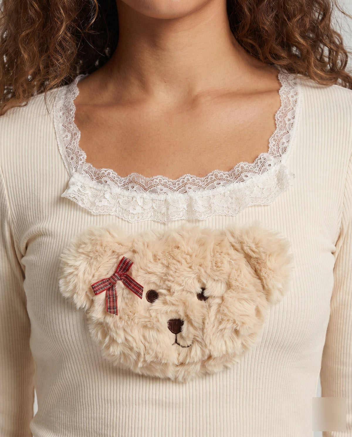 Women's Long Sleeve Shirt with Playful Teddy Design and Lace - Close-Up Detail