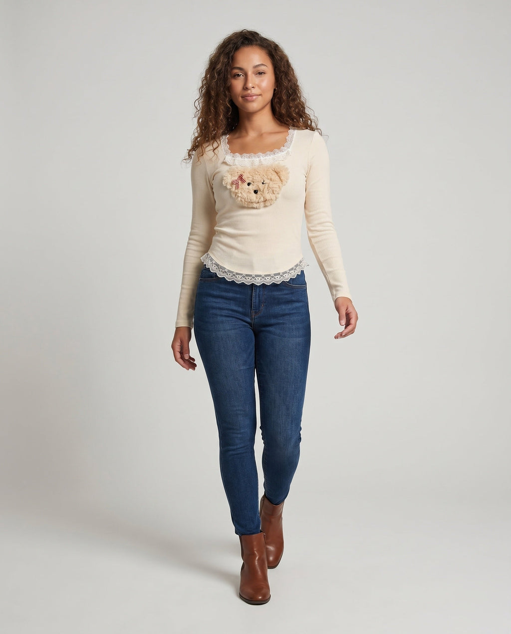 Women's Long Sleeve Shirt with Playful Teddy Design and Lace - Front View
