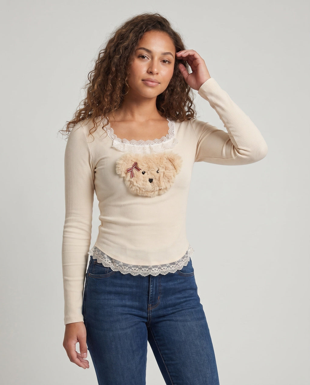 Women's Long Sleeve Shirt with Playful Teddy Design and Lace - Upper Body View