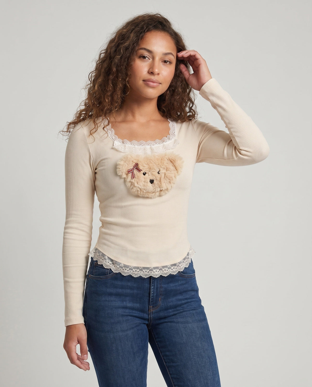 Women's Long Sleeve Shirt with Playful Teddy Design and Lace - Upper Body View