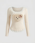 Women's Long Sleeve Shirt with Playful Teddy Design and Lace