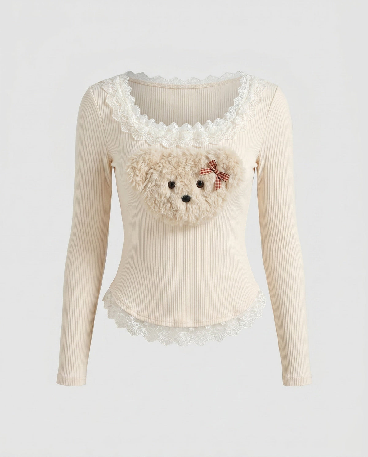 Women's Long Sleeve Shirt with Playful Teddy Design and Lace