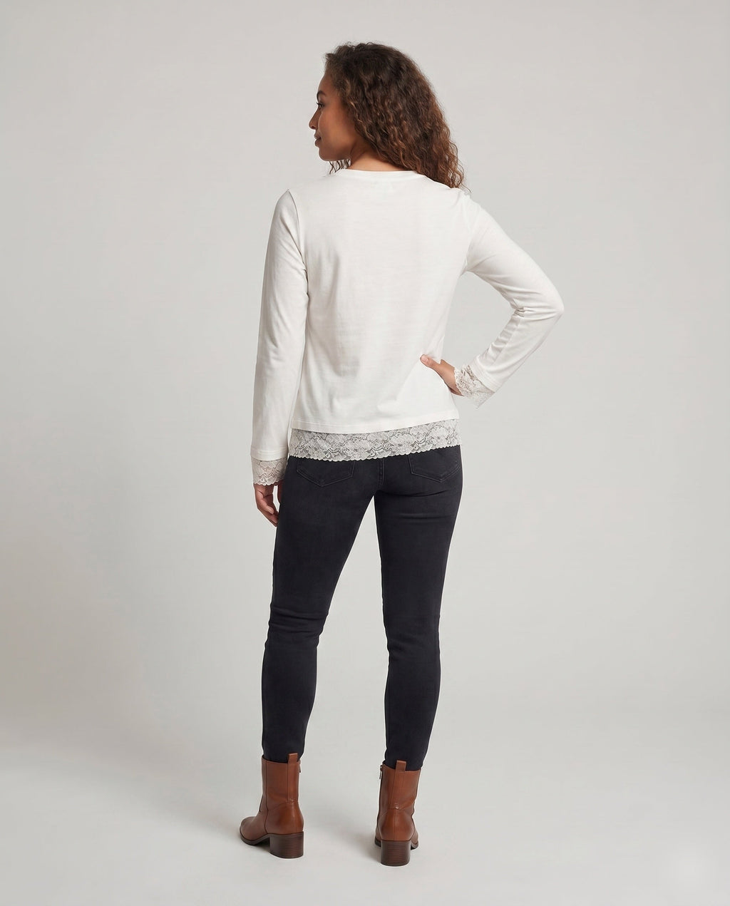 Women's Long Sleeve Shirt with Playful Animal Motif and Lace Trim - Back View