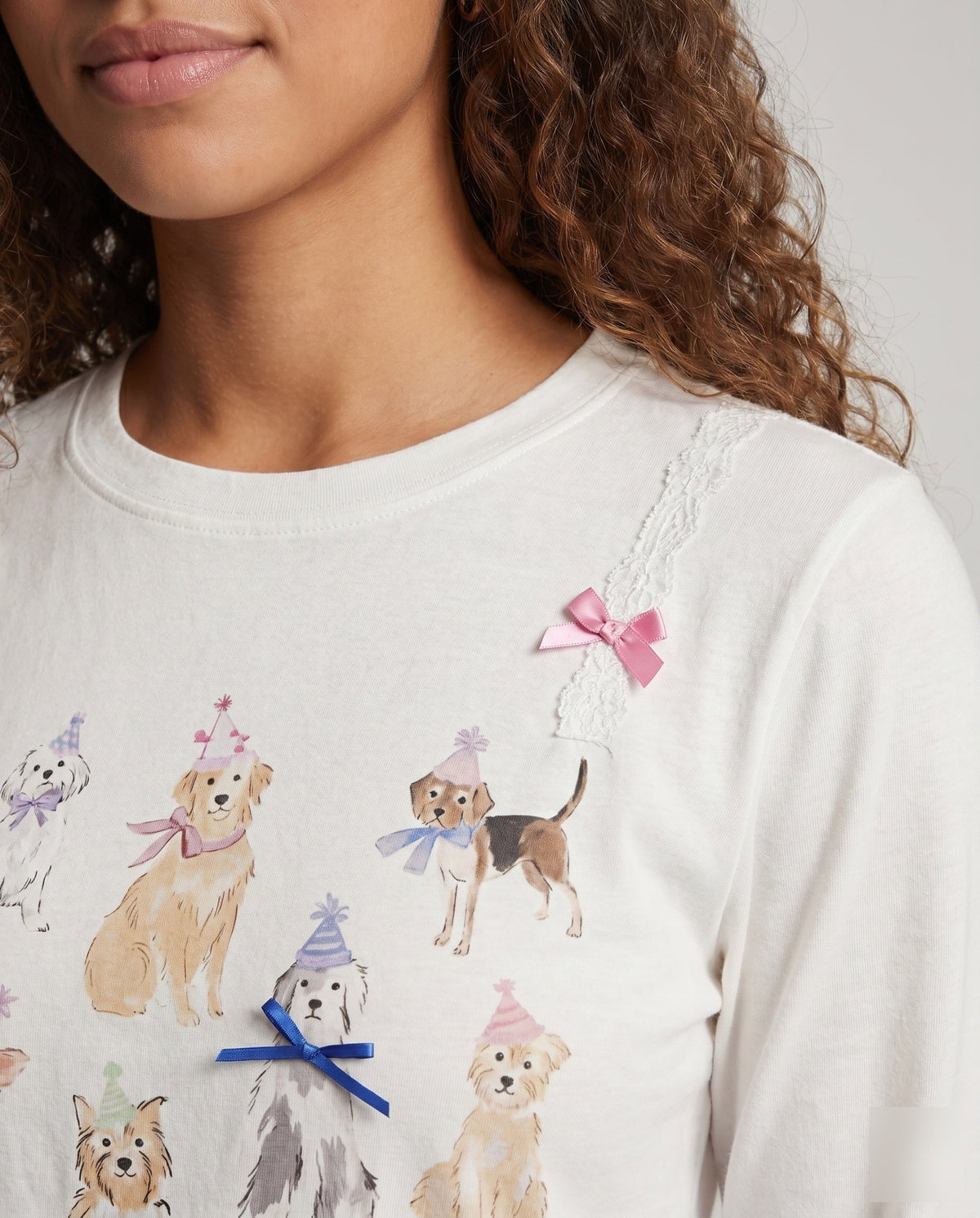 Women's Long Sleeve Shirt with Playful Animal Motif and Lace Trim - Close-Up Detail