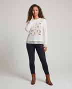 Women's Long Sleeve Shirt with Playful Animal Motif and Lace Trim - Front View
