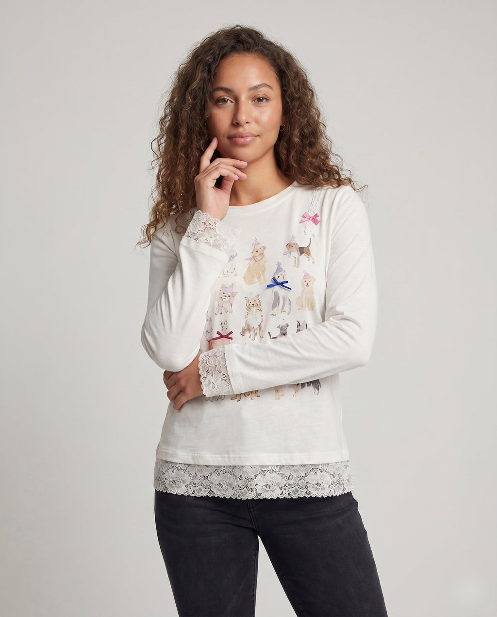 Women's Long Sleeve Shirt with Playful Animal Motif and Lace Trim - Upper Body View