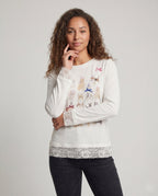 Women's Long Sleeve Shirt with Playful Animal Motif and Lace Trim - Upper Body View
