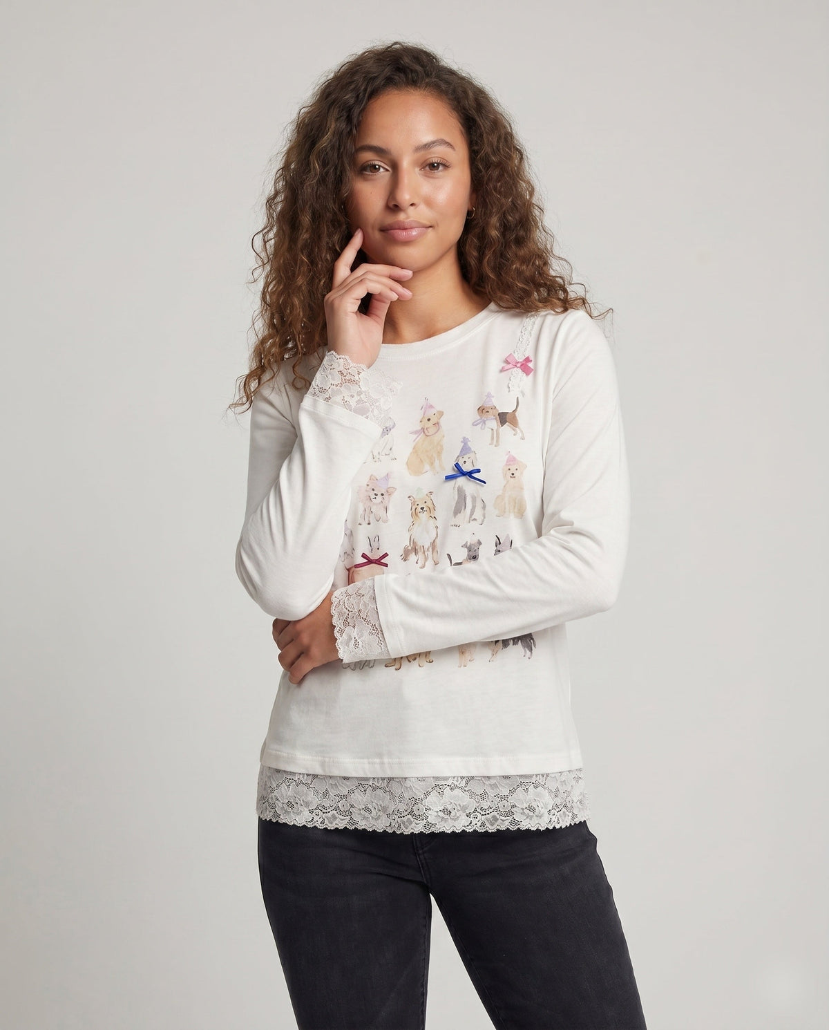 Women's Long Sleeve Shirt with Playful Animal Motif and Lace Trim - Upper Body View