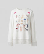 Women's Long Sleeve Shirt with Playful Animal Motif and Lace Trim