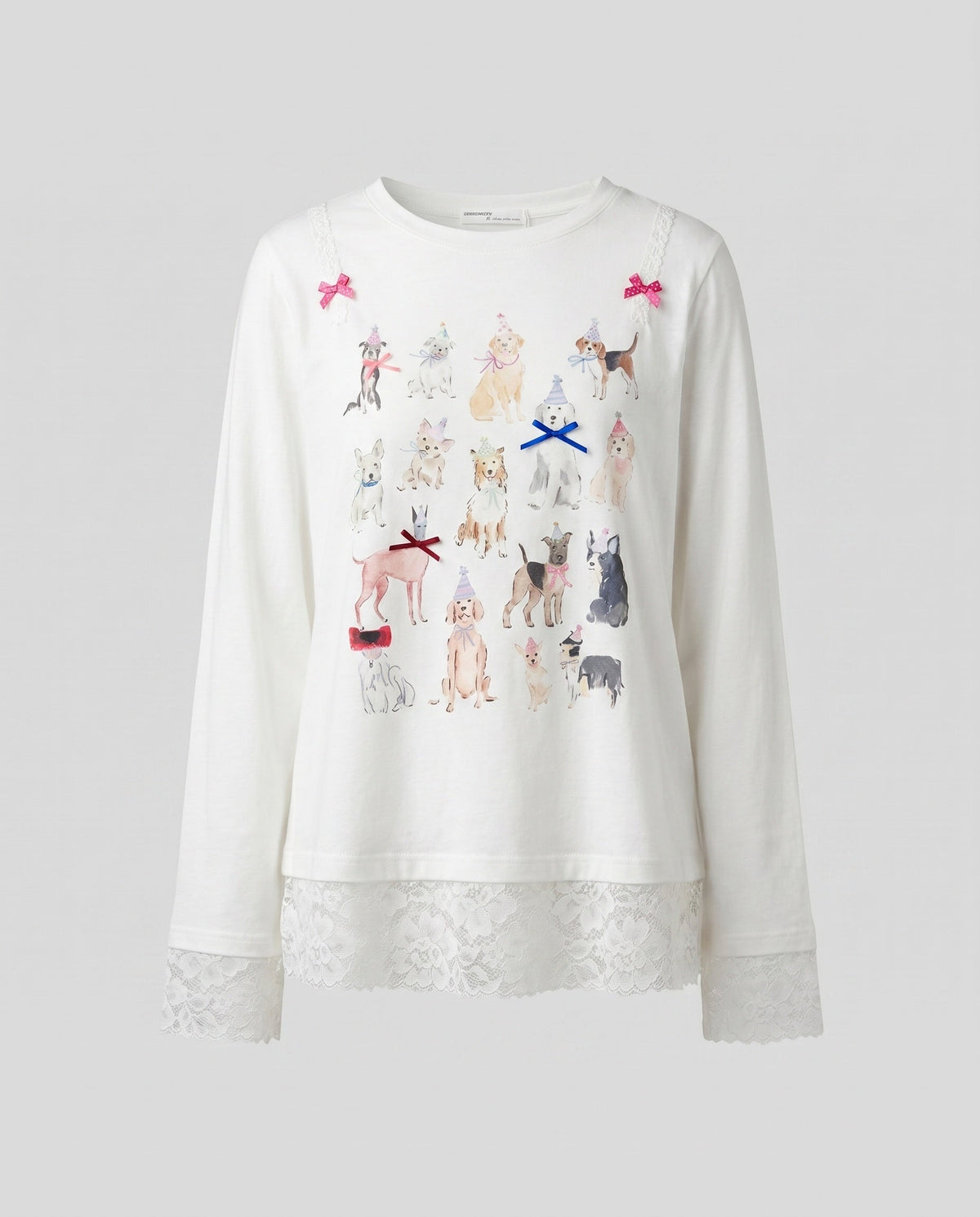 Women's Long Sleeve Shirt with Playful Animal Motif and Lace Trim