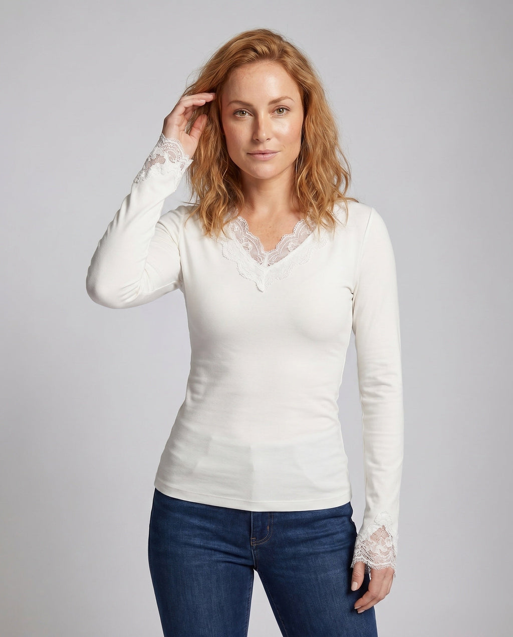 Women's Long Sleeve Shirt with Delicate Lace Accents - Upper Body View