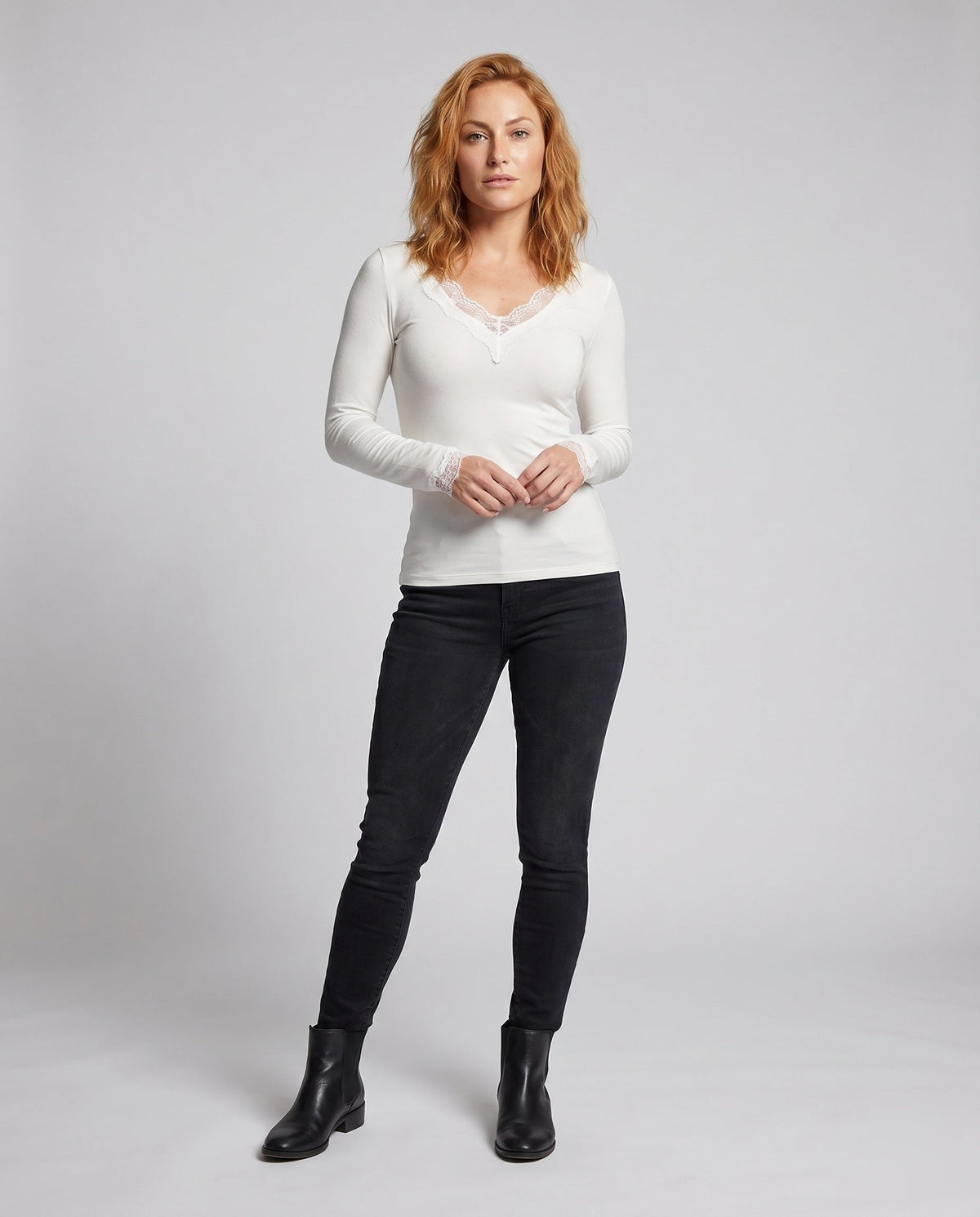 Women's Long Sleeve Shirt with Delicate Lace Embellishments - Front View