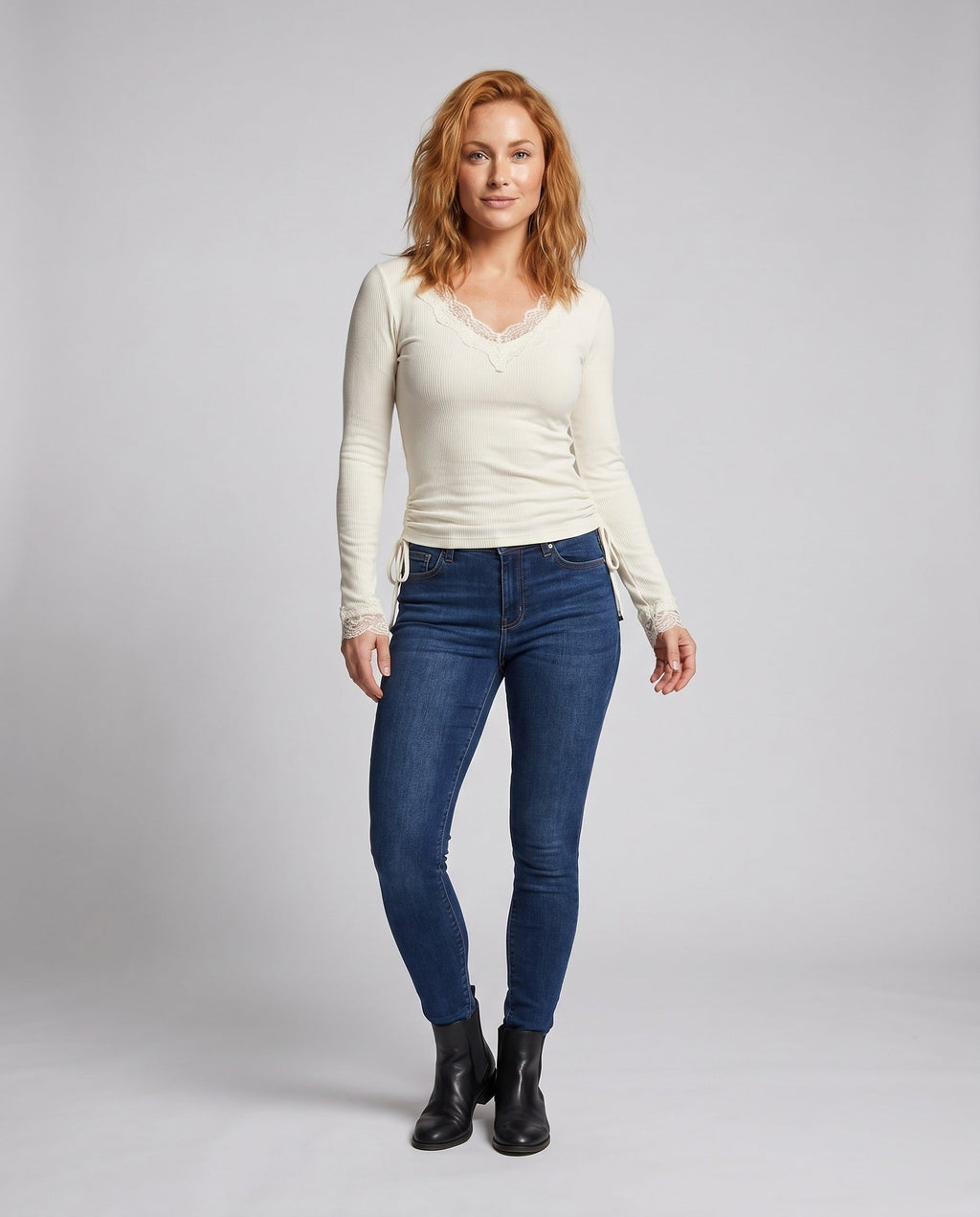 Women's Long Sleeve Shirt with Delicate Lace Embellishment - Front View