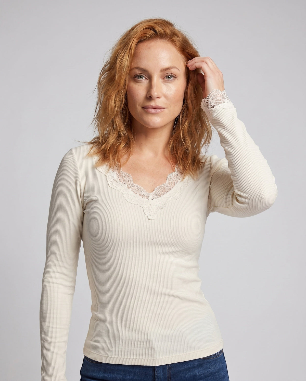 Women's Long Sleeve Shirt with Delicate Lace Embellishment - Upper Body View