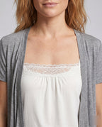 Women's Casual Blouse with Elegant Lace Sleeves and Chic Neckline - Close-Up Detail