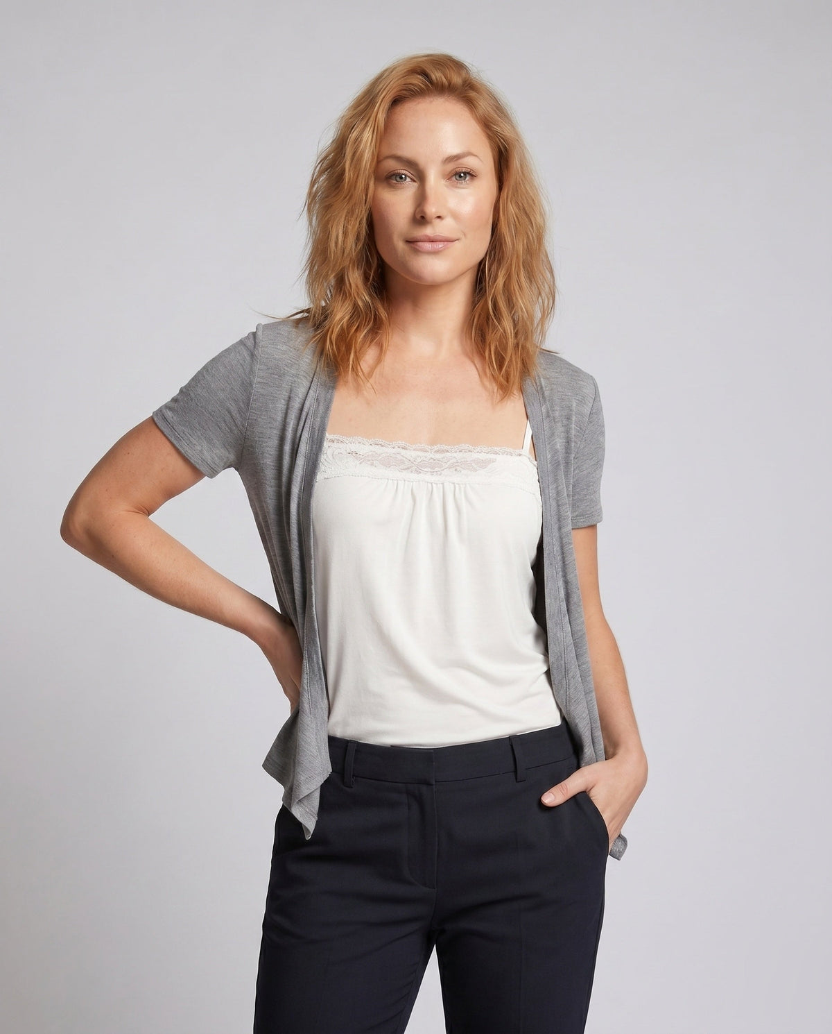 Women's Casual Blouse with Elegant Lace Sleeves and Chic Neckline - Upper Body View