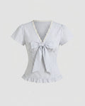 Women's Casual Blouse Shirt with Ruffle Details and Playful Bow Accent