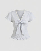Women's Casual Blouse Shirt with Ruffle Details and Playful Bow Accent