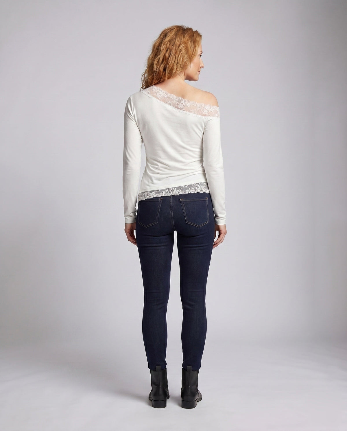 Women's Off-Shoulder Top with Delicate Lace Trim and Casual Fit - Back View