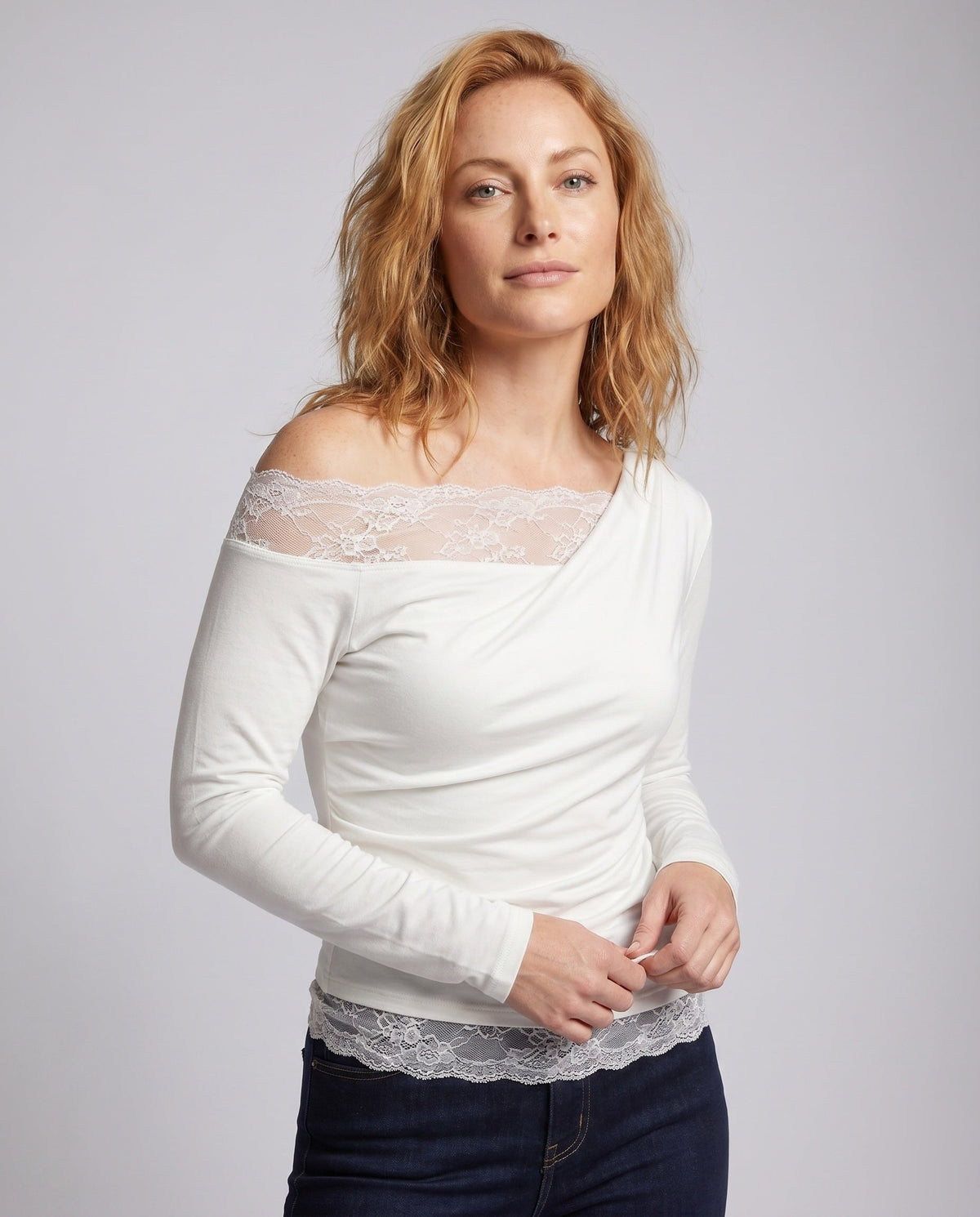 Women's Off-Shoulder Top with Delicate Lace Trim and Casual Fit - Upper Body View