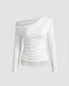 Women's Off-Shoulder Top with Delicate Lace Trim and Casual Fit