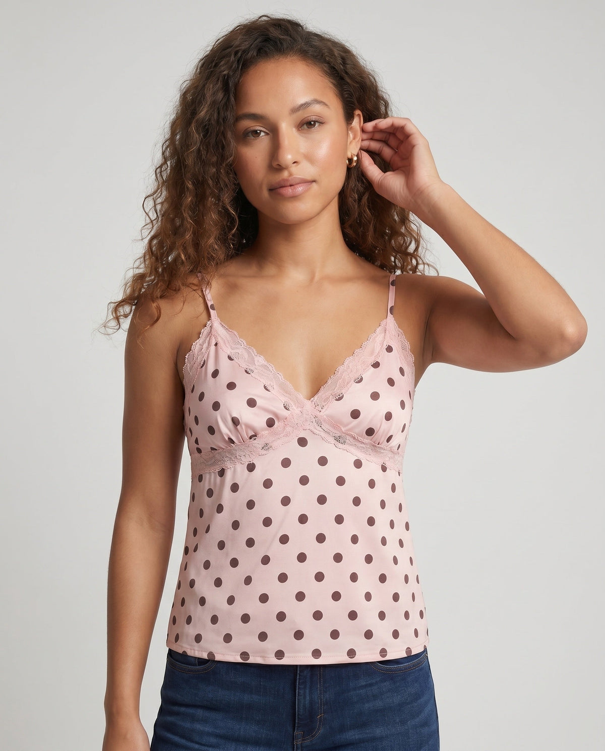 Women's Polka-Dot Spaghetti-Strap Top with Lace Trim - Upper Body View