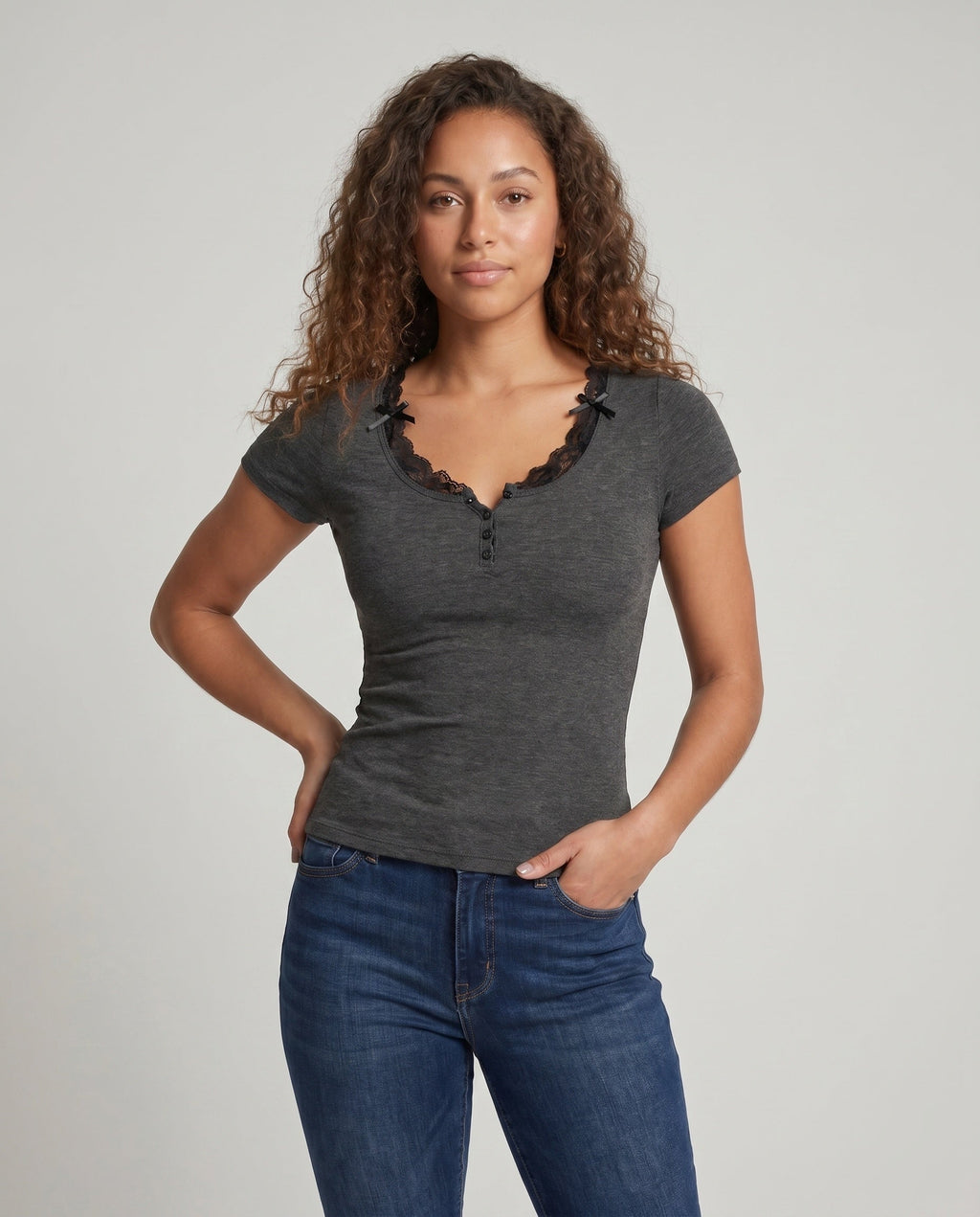 Women's Shirt with Lace Trim and Button Placket - Upper Body View