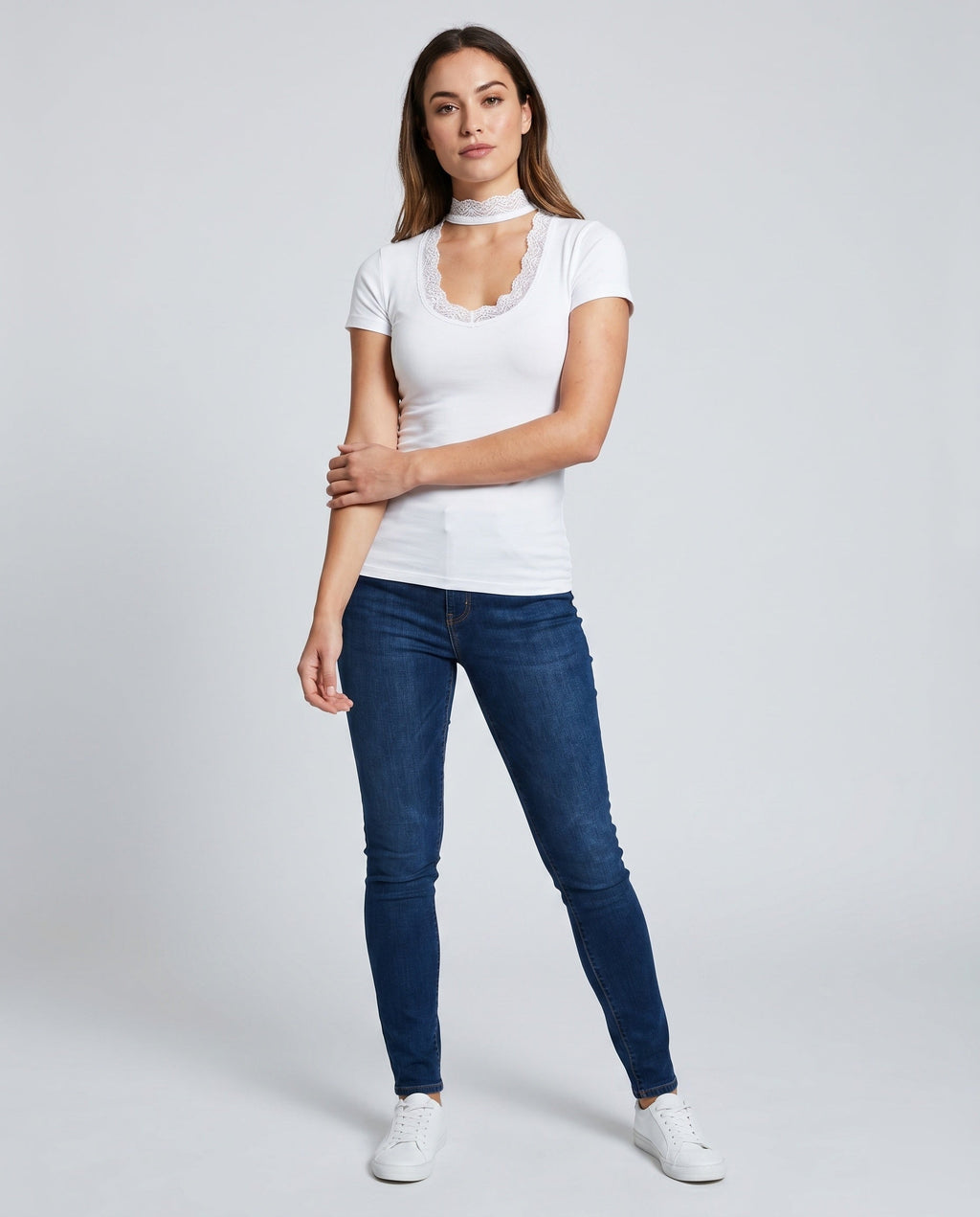 Women's Lace Neckline Short Sleeve Shirt with Choker - Front View