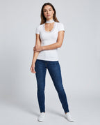 Women's Lace Neckline Short Sleeve Shirt with Choker - Front View