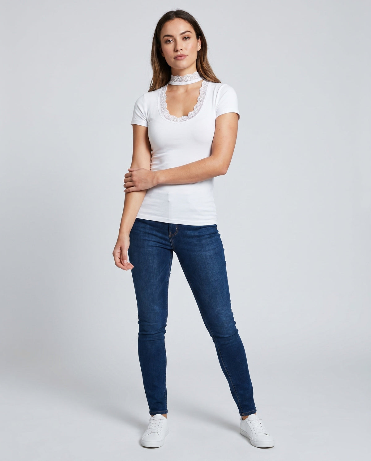 Women's Lace Neckline Short Sleeve Shirt with Choker - Front View