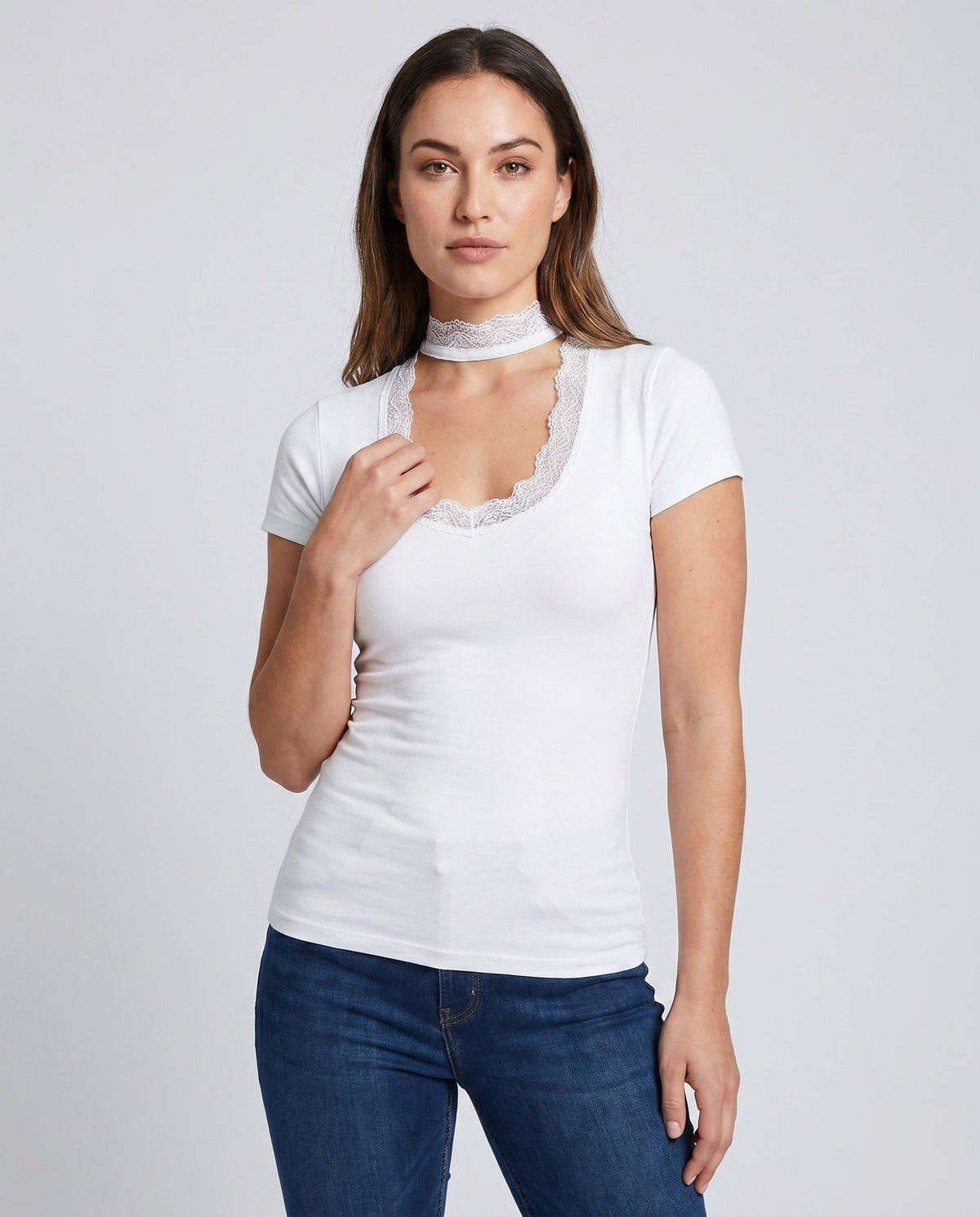 Women's Lace Neckline Short Sleeve Shirt with Choker - Upper Body View