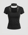 Women's Lace Neckline Short Sleeve Shirt with Choker