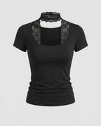 Women's Lace Neckline Short Sleeve Shirt with Choker