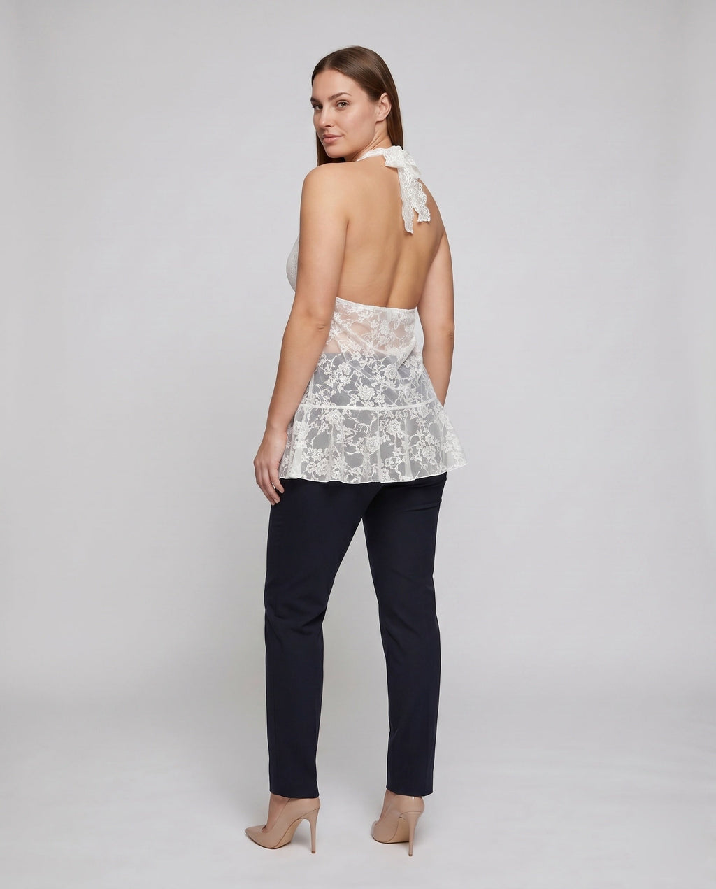 Women's Lace Nightdress with Seductive V-Neck and Ruffle Details - Back View