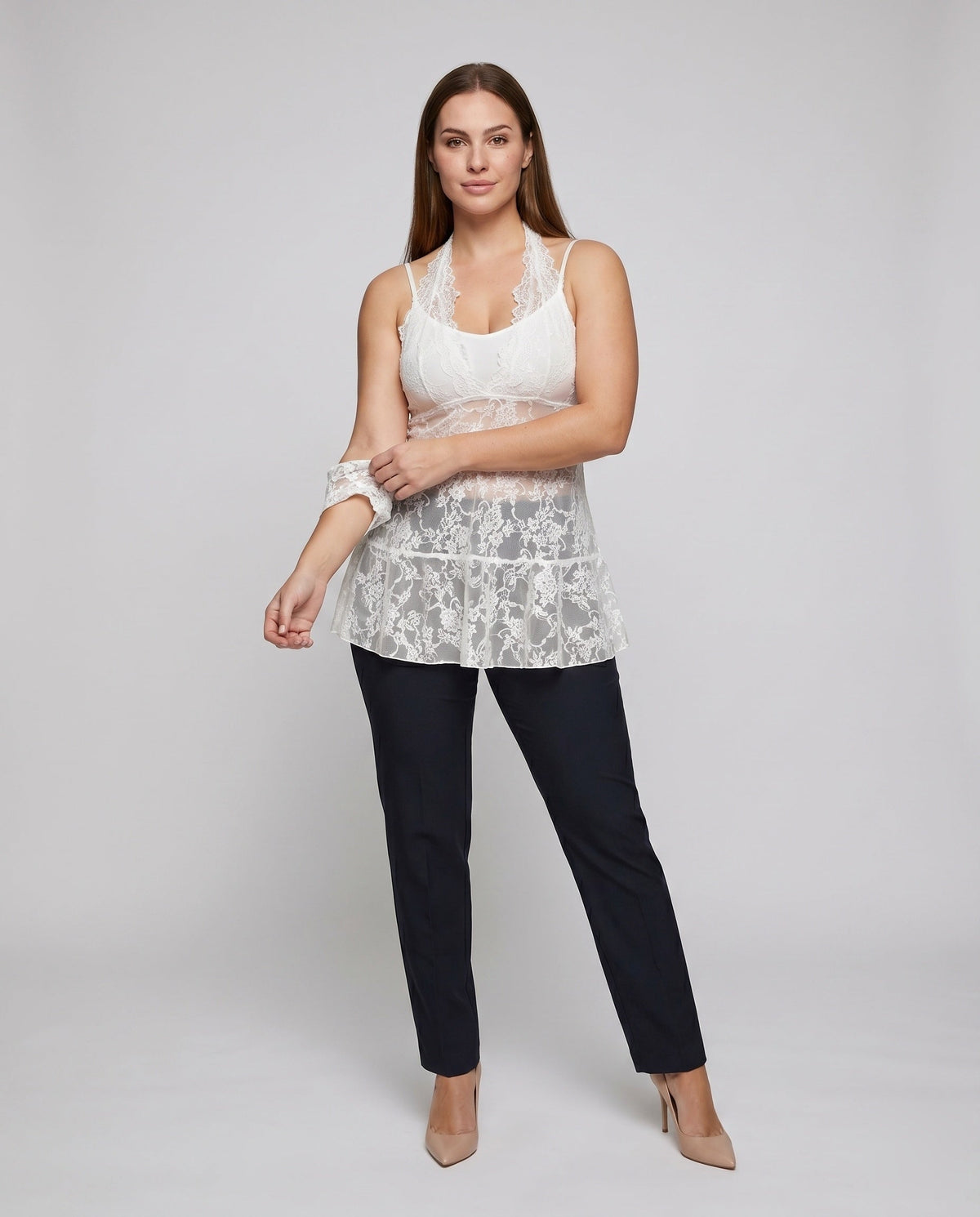 Women's Lace Nightdress with Seductive V-Neck and Ruffle Details - Front View