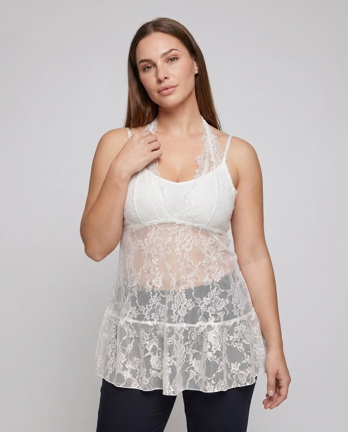 Women's Lace Nightdress with Seductive V-Neck and Ruffle Details - Upper Body View