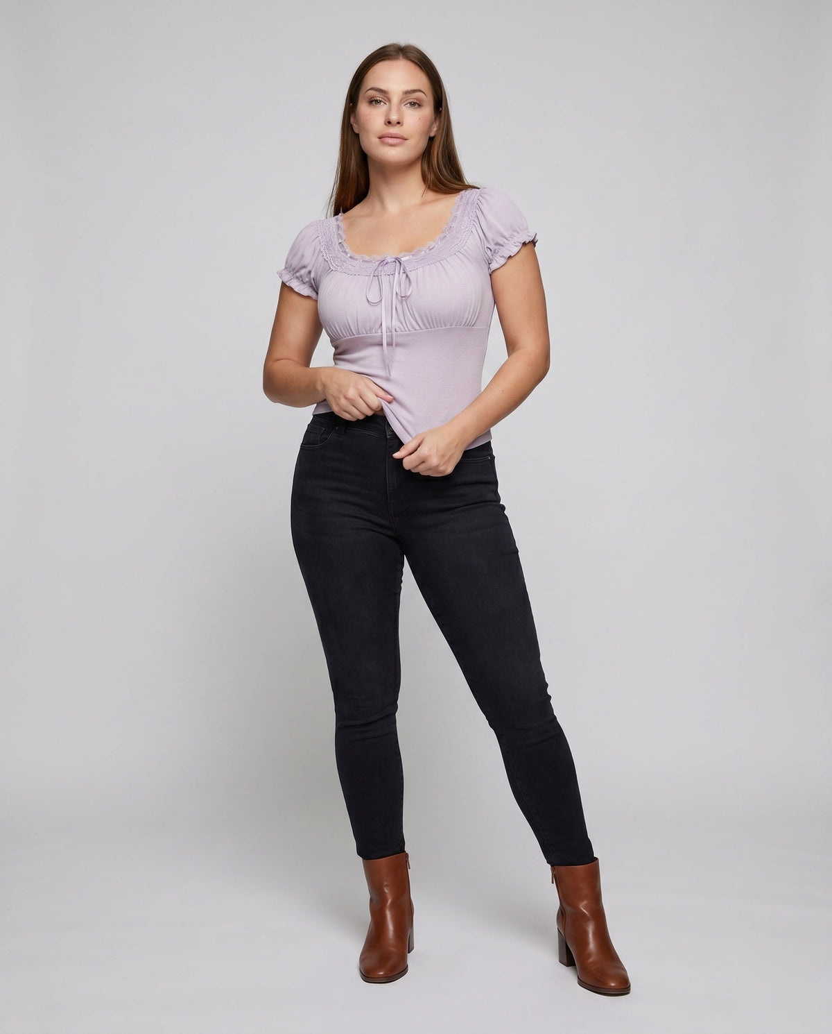Women's Lace T-Shirt with Elegant Ruffle and Decorative Hem - Front View