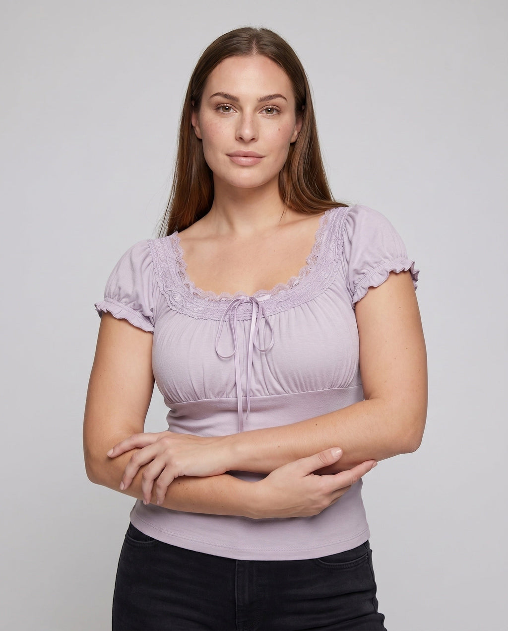 Women's Lace T-Shirt with Elegant Ruffle and Decorative Hem - Upper Body View