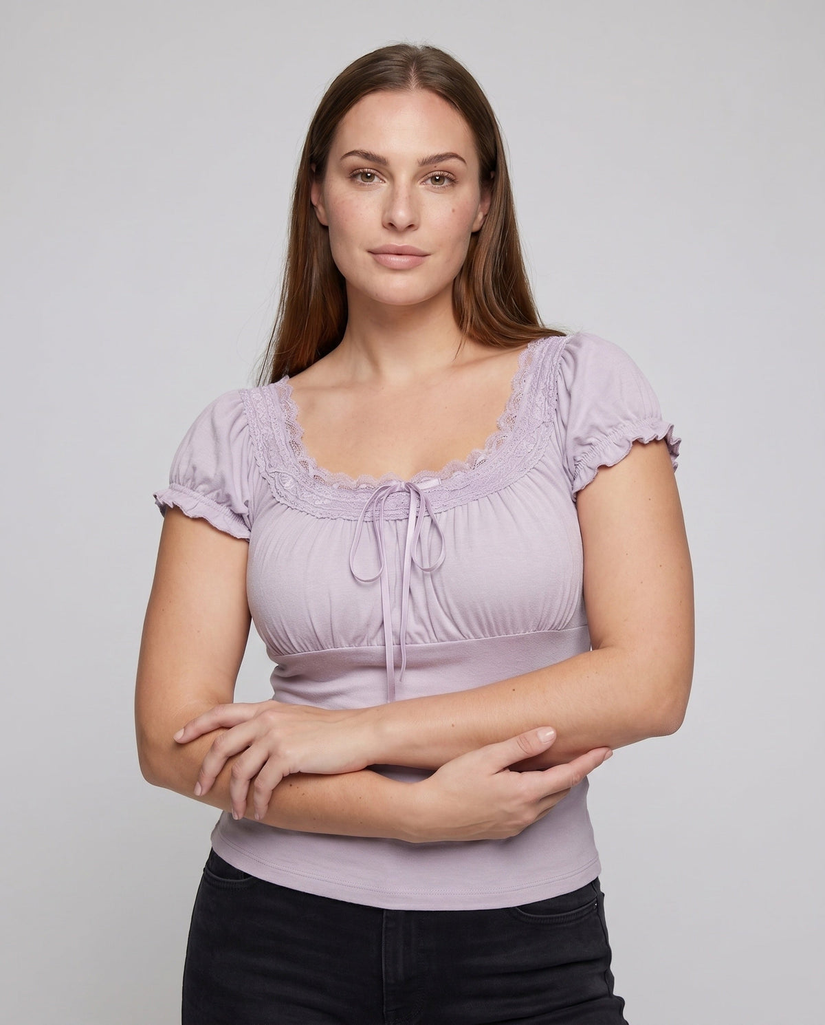 Women's Lace T-Shirt with Elegant Ruffle and Decorative Hem - Upper Body View