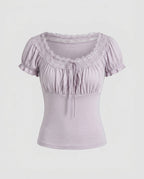 Women's Lace T-Shirt with Elegant Ruffle and Decorative Hem